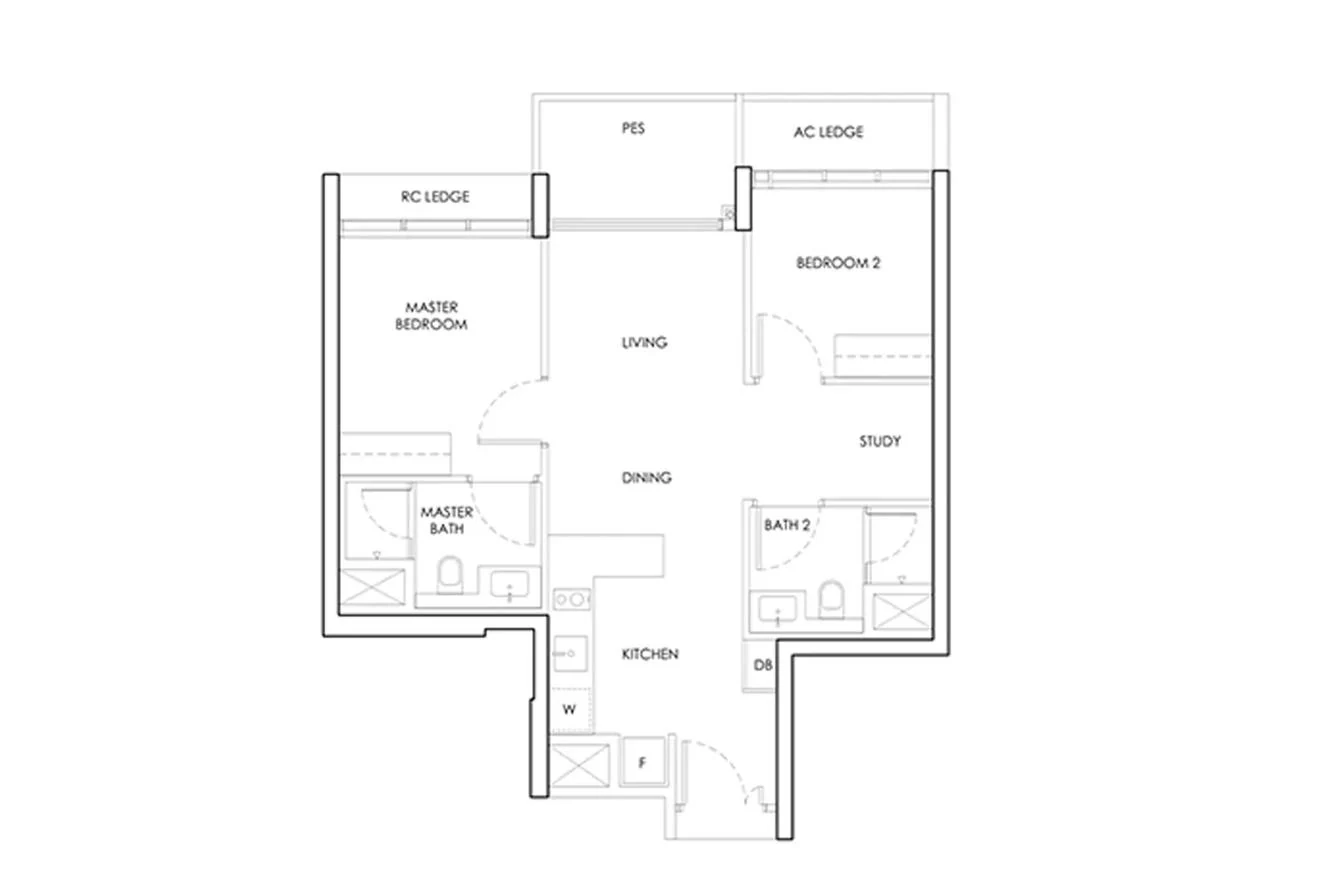 Indicative 2-bedroom layout template for Tanjong Rhu Grand — sample only, not the developer's actual floor plan