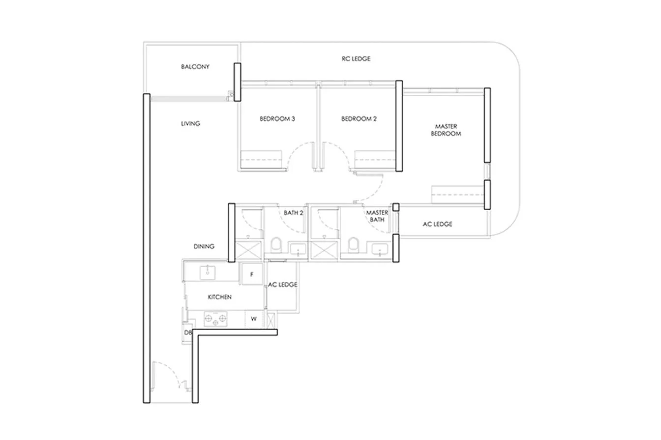 Indicative 3-bedroom layout template for Tanjong Rhu Grand — sample only, not the developer's actual floor plan