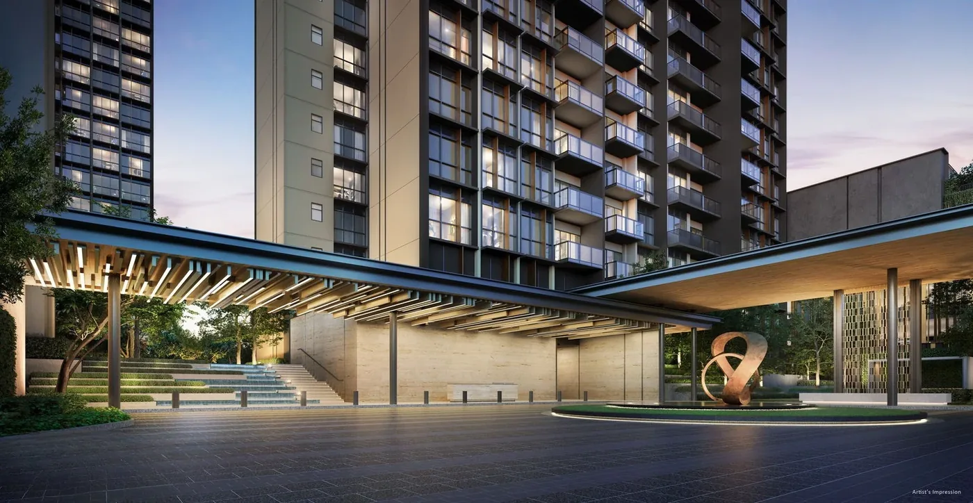 Tanjong Rhu Grand arrival plaza and landscaped drop-off at dusk — indicative artist's impression