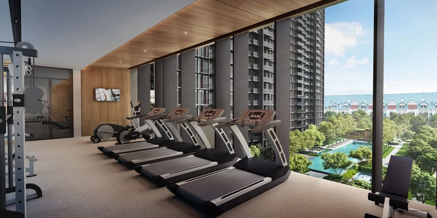 Tanjong Rhu Grand gymnasium overlooking the pool deck — indicative artist's impression