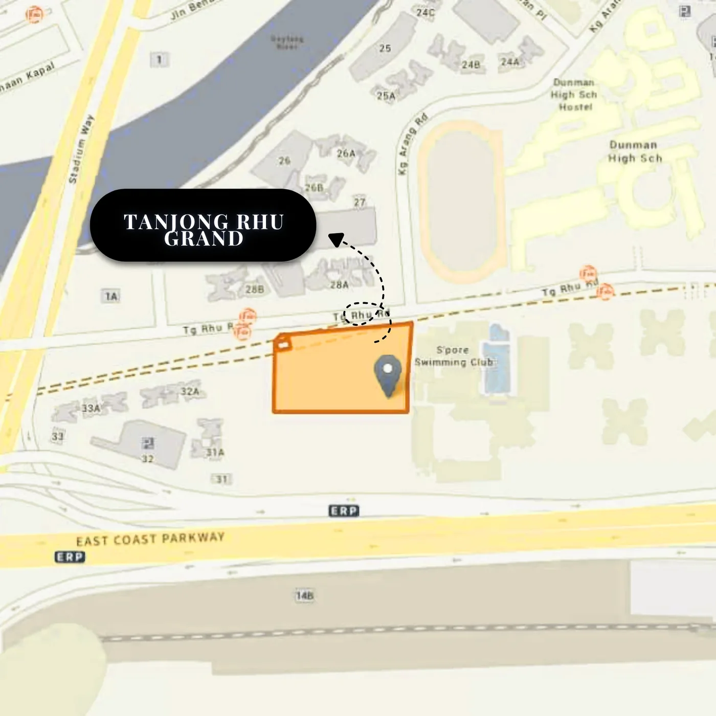 Location map of Tanjong Rhu Grand on Tanjong Rhu Road, District 15 Singapore — the site sits between Tanjong Rhu Road and the East Coast Parkway, beside the Singapore Swimming Club, with Dunman High School and the Dunman High School Hostel to the north-east, the Geylang River and Stadium Way to the north-west, and Tanjong Rhu MRT (TE23) and Katong Park MRT (TE24) on the Thomson-East Coast Line within walking distance